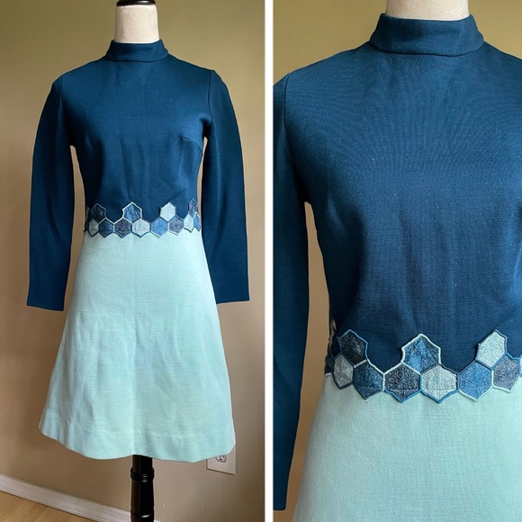 Vintage 60s 70s Bleeker Street Mock Neck Knit Mod Mini Dress Sz 10 - Picture 2 of 8